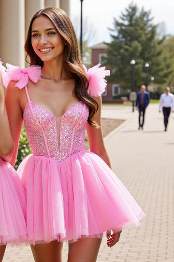 Sparkly Pink Sequin Corset Short Prom Dress with Bows